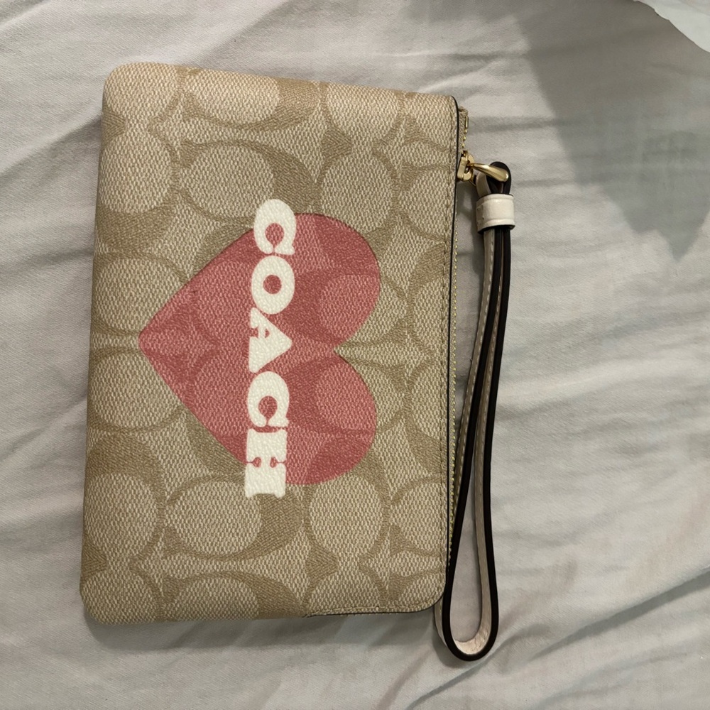 Coach Beige Wristlet with Pink Heart